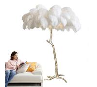 Lampadaire en plumes d'autruche naturelles - Corps en résine dorée - LED à intensité variable - Lampes de chevet sur pied - Éclairage de lecture - Lampe grand angle avec interrupteur à pied