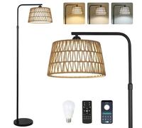 Lampadaire en rotin à intensité variable avec télécommande et ampoule LED, contrôle par application, Lampadaire boho avec abat-jour en rotin & lin, Lampadaire vintage pour salon, chambre à coucher.