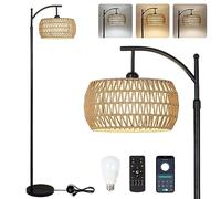 Lampadaire en rotin à intensité variable avec télécommande et ampoule LED, contrôle par application, Lampadaire boho avec abat-jour en rotin & lin, vintage pour salon, chambre à coucher E27