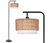 Lampadaire en Rotin Style Bohème, Lampadaire Salon avec Abat-jour Double Couche Rotin & Tissu, Interrupteur au Pied, Montage Facile, Lampadaire Noir pour Chambre et Bureau, Ampoule Non Incluse