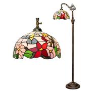 Lampadaire en vitrail motif oiseaux - 30,5 cm style Tiffany décor vintage avec fleurs rouges, roses, violettes et feuilles vertes arquées col de cygne design pastoral pour éclairage de la maison