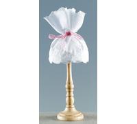 Lampadaire FADEDA avec pied en bois tourné et abat-jour en tissu blanc brodé, cousu à la main, LxlxH en mm : 45x45x130. Pour crèches, miniatures, hobby et modélisme, accessoires pour maisons de poupée