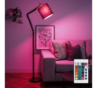 Lampadaire télécommande dimmable lampe articulée bois textile abat-jour lampe de salon mobile, métal noir marron, RGB LED 8,5W 806Lm blanc chaud, H 172 cm