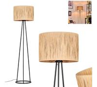 Lampadaire Granja, lampadaire en métal/raphia noir/naturel, lampe au design moderne avec abat-jour rond (Ø 40 cm) et interrupteur à pied, hauteur 152 cm, 1 x E27, sans ampoule