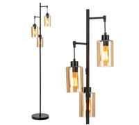 Lampadaire Industriel Salon COSTWAY-3 Abat-Jour en Verre Ambré-Base en Métal-Interrupteur à Pied-Style Rétro-Chambre,Bureau,Étude