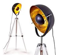 Lampadaire Jupiter, luminaire vintage en bois blanc et métal noir et doré, Ø 45cm, pour une ampoule E27, l'abat-jour rétro s'oriente facilement,