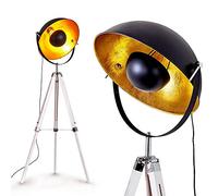 Lampadaire Jupiter, luminaire vintage en bois blanc et métal noir et doré, Ø 55cm, pour une ampoule E27, l'abat-jour rétro s'oriente facilement, ampoule(s) non incluse(s)