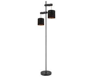 Lampadaire Lampadaire, lampe de salon, 2 flammes, abat-jour textile avec décor, bois, hauteur réglable, noir doré, 2x E27, LxlxH 41x23x150 cm
