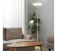 Lampadaire, lampadaire, uplighter, salon, liseuse, métal, laiton, avec spot de lecture flexible, commutable séparément, abat-jour en verre, 2x E27, 1x E14, DxH 34x180 cm