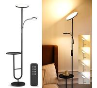 Lampadaire LED avec table, 36W + 7W dimmable avec télécommande, tête orientable, 2700K-6500K, lampe sur pied moderne noire pour salon, séjour et bureau