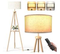 Lampadaire LED Trépied 12W, Télécommande & Pédale, Abat-jour en Lin Lumière Réglable 3000K-6000K Lampe sur Pied Bois avec Étagères
