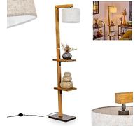 Lampadaire moderne Baval en métal/bois/tissu nickel/naturel/beige/blanc Lampe sur pied avec abat-jour réglable, interrupteur à pied sur le câble, étagères 164 cm, 1 x E27 non incluse