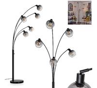 Lampadaire Nikkala, lampe sur pied en métal/verre noir/verre fumé/transparent, luminaire au design rétro/vintage, abat-jour réglables, interrupteur marche/arrêt sur le boîtier, hauteur max. 205 cm, 5x