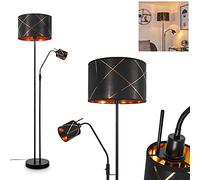 Lampadaire Opatija en métal noir et abats-jours en tissus noir & cuivrés, élégant luminaire moderne avec liseuse orientable et 2 interrupteurs, 1x E27 & 1x E14, ampoule(s) non incluse(s)