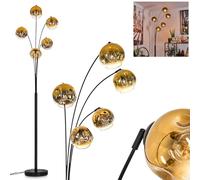 Lampadaire Ripoll, lampadaire en métal/verre noir/or/clair, luminaire au design moderne rétro/vintage avec abat-jour en verre (Ø 15 cm) et interrupteur à pied, hauteur 210 cm, 5 x E14, sans ampoules