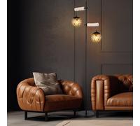 Lampadaire, lampadaire, lampe d'appoint, lampe de salon, réglable en hauteur, bois naturel, abat-jour en verre, ambre, métal noir, 2x douilles E27, LxPxH 51x25x168cm