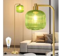 Lampadaire salon avec Abat-jour en verre nervuré vert,ampoule LED,facile à assembler,base stable,interrupteur à pied,Pour chambre