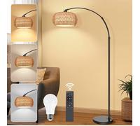 Lampadaire Salon avec Abat-Jour Rotin - Variateur Infini, élécommande/APP/Pédale, Bras 360° & Hauteur Réglable, Arc Base Marbre