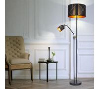 Lampadaire salon avec lampe de lecture uplight or noir, abat-jour en textile, lampe de lecture commutable de manière flexible séparément, 1x E27 1x E14, DxH 40x175 cm