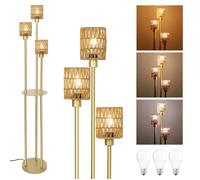 Lampadaire Salon en Rotin Doré À 3 Flammes avec Etagère - 3 Températures LED, Interrupteur au Pied & Structure Métallique Stable