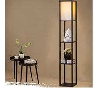 Lampadaire Salon, Lampadaire Bois Massif -Lampe sur Pied de Avec en Bois Etagères Pour Chambre et Salon, Noir