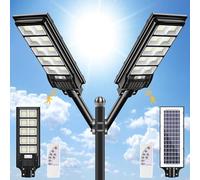 Lampadaire Solaire Extérieur 400W Avec Télécommande 2 Pack, 6500K 720 LEDs Réverbère Détecteur de Mouvement IP65 Étanche, Pour Rue Garage Jardin