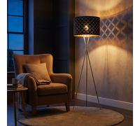 Lampadaire abat-jour textile lampe d'appoint or noir lampe trépied 3 pieds textile, nickel mat, douille E27, DxH 62x158 cm