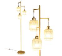 Lampadaire sur Pied 173CM COSTWAY-3 Abat-jours en Papier Tressé-Base Lestée Antibasculement-Interrupteur au Pied-E27 60W-Doré