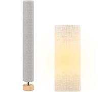 Lampadaire colonne sur pied bois contemporain H.120 cm abat-jour lin gris