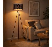 Lampadaire Sur Pied Lampe Sur Pied LED Textile Noir Doré 3-Pieds Salon