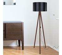 Lampadaire Trépied Design Lampe sur Pied MDF PVC Textile Douille E27 Hauteur 136 cm Effet Noyer Noir