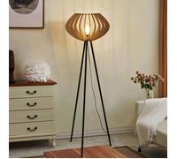 Lampadaire trépied en bois ""METTE"", abat-jour industriel, style bohème moderne, avec interrupteur au pied, pour salon E27