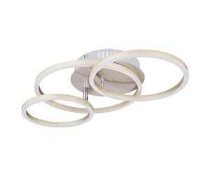 Lámpara de techo lámpara de techo lámpara de dormitorio comedor lámpara de diseño, 3 llamas, anillo óptica metal níquel opal moderno, 1x LED 30W 1500Lm 3000K, HxLxW 9,5x50x30cm