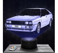 Lampe 3D - Audi Quattro - Jouet Miniature Cadeau Audi Quattro - Veilleuse Led Tactile avec socle au choix et télécommande