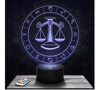 Lampe 3D - Balance signe astro - Accessoire Objet Cadeau Astrologie - Veilleuse Led Tactile avec socle au choix et télécommande