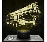 Lampe 3D - Camion Grue - Jouet, Miniature, Cadeau Camion Grue - Veilleuse Led Tactile avec socle au choix et télécommande