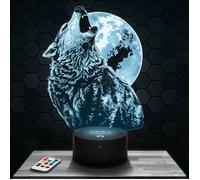 Lampe 3d _ Loup Lune - Jouet, Figurine, Cadeau Loup Lune - Veilleuse Led Tactile avec socle au choix et télécommande TOP