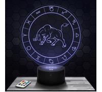Lampe 3D - Taureau signe astro - Accessoire Objet Cadeau Astrologie - Veilleuse Led Tactile avec socle au choix et télécommande