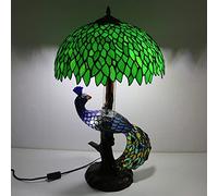 Lampe à Feuilles Lampe en Verre teinté Lampe de Table Lampe de Bureau de Lecture, Abat-Jour de Feuilles Faites à la Main de 16" de Large, Base éclairée par Paon coloré pour Cadeau de Bureau de