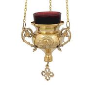 Lampe a huile en bronze a suspendre, culte chretien orthodoxe Grec avec coupelle en vevre rouge pour les veillée bougie 237b