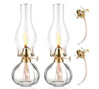Lampe à Huile Interieur 2 Pièces, Lampe à Pétrole Vintage en Verre Transparent Luminosité Réglable Lampe a Huile Décorative Coupe-Vent pour Salon, Salle à Manger, Utilisation d'Urgence