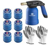 Lampe à souder Kemper + 6 bouteilles de gaz butane sûr + 2 gants offerts | Chalumeau professionnel pour le fait-de-thé, barbecue, désherbage, soudure légère