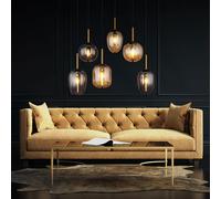 Lampe à suspendre 6 flammes Lampe de salle à manger verre ambre Lampe de salon fumée, laiton métal noir, 6x E14 douilles, LxlxH 80x34x120 cm