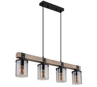 Lampe à suspendre Lampe de salle à manger Lampe à suspendre Plafonnier Lampe de salon, métal noir Abat-jour cylindrique en verre fumé Bois brun foncé, 4 flammes E27, H 133 cm