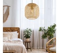 Lampe à suspendre Plafonnier Salon Suspension en bambou aspect boho naturel, métal noir, 1x E27, DxH 23x135 cm