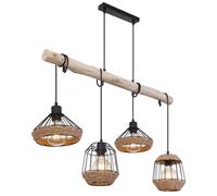 Lampe à suspendre poutre en bois Lampe à suspendre corde de chanvre Rétro bois design cage Lampe de salle à manger suspendue 4 flammes, câble noir, 4x E27, LxlxH 105x21x120 cm