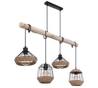 Lampe à suspendre poutre en bois Lampe à suspendre corde de chanvre Rétro bois design cage Lampe de salle à manger suspendue 4 flammes, câble noir, 4x E27, LxlxH 105x21x120 cm