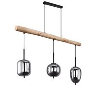 Lampe à suspension, lampe en bois, lampe de salon, lampe de table à manger, couleur fumée, métal, noir, verre, 3x douille E14, H 130 cm