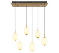 Lampe à suspension réglable en hauteur Suspension LED Lampe de table à manger verre opalin Lampe de salon 6 flammes, couleur laiton, 40W 2176lm blanc chaud, LxH 80,5 x 220 cm