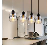 Suspension 4 flammes lampe suspendue lampe de salon lampe de table à manger verre ambré, ruban décoratif fleur de vie, 4x E27, LxH 71 x 120 cm